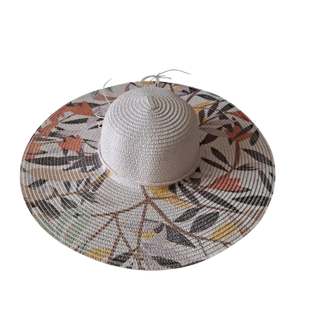 Lucky 7 Floppy Sun Hat 100% Paper Straw Leaf Print Boho Summer Beach One Size